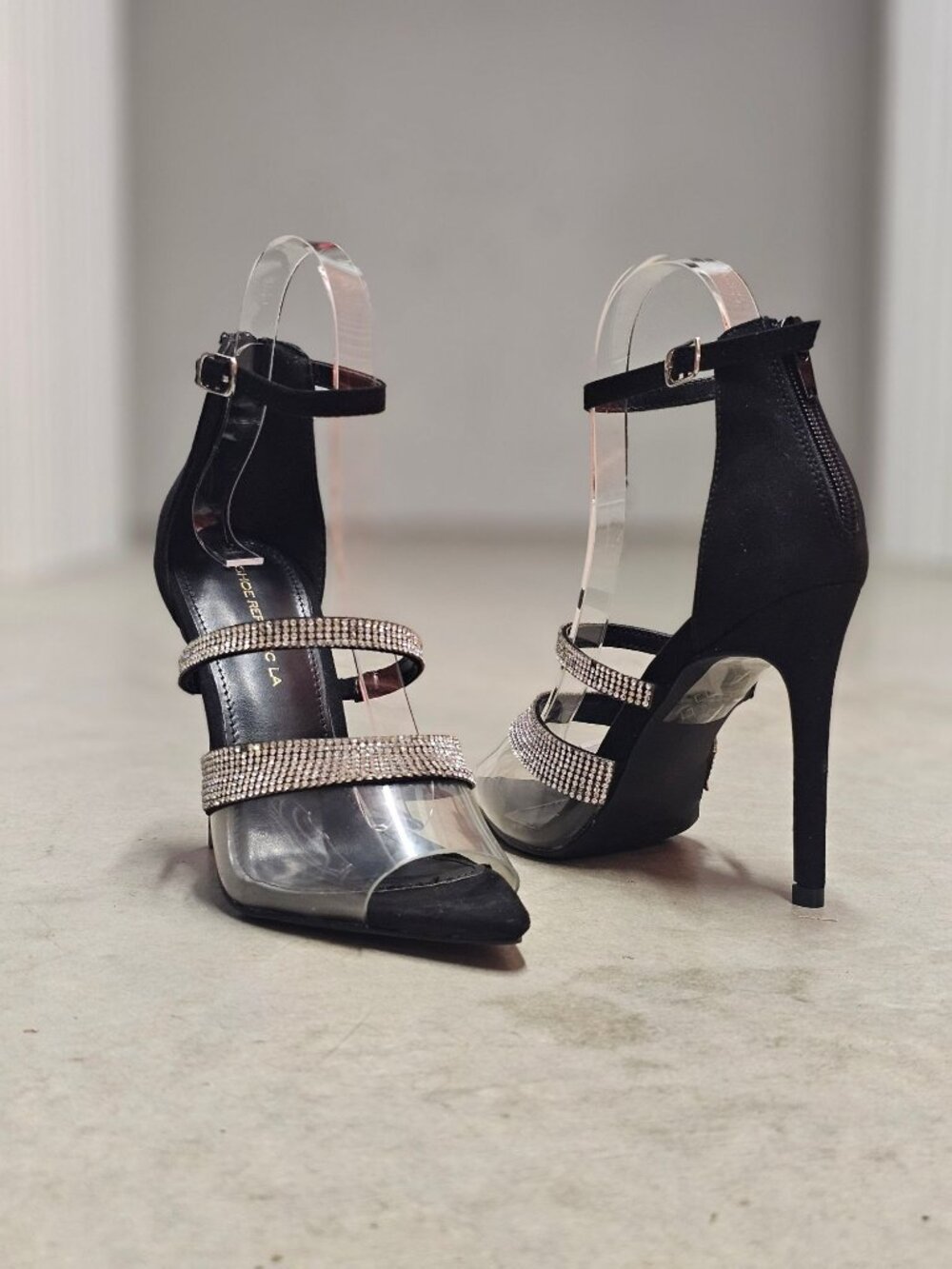 Rhinestone Clear Strap High Heels With Ankle Buckle & Back Zipper - Elegant Blac - Picture 14 of 14